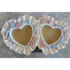 Vintage Figi Graphics Double Heart Picture Frame Cream Eyelet Lace Floral